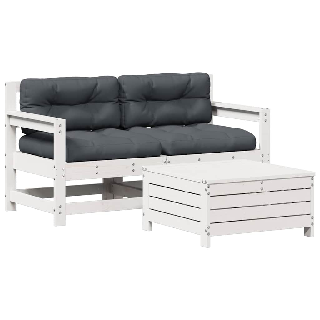 Salon de jardin 3 pcs avec coussins blanc bois de pin massif