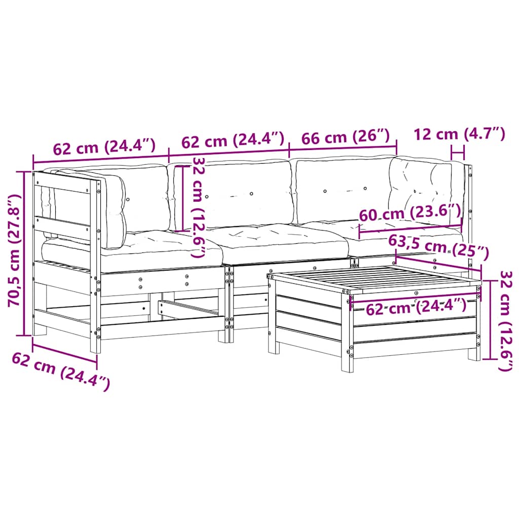 Salon de jardin 4 pcs avec coussins blanc bois de pin massif