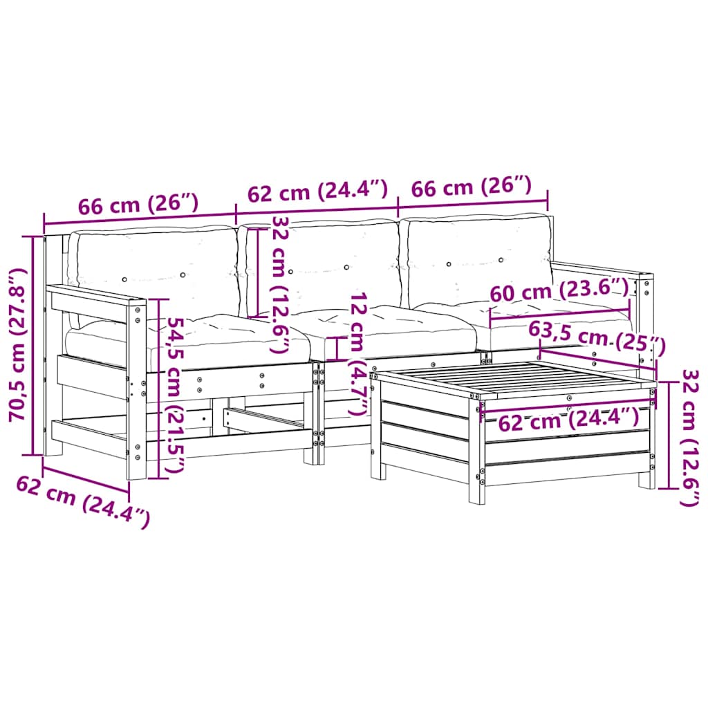 Salon de jardin 4 pcs avec coussins blanc bois de pin massif