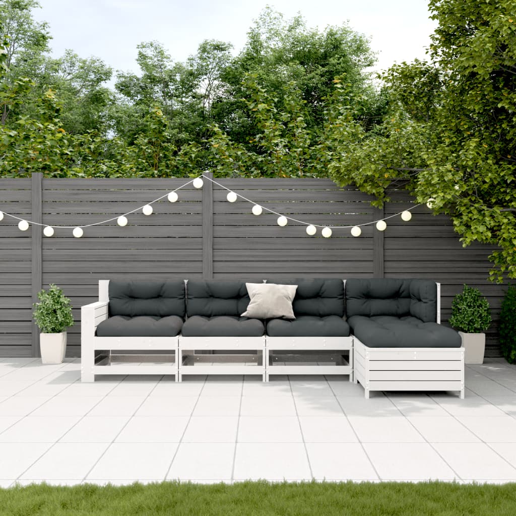 Salon de jardin 5 pcs avec coussins blanc bois massif de pin