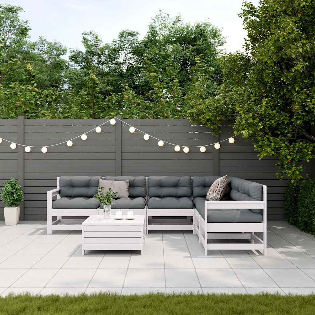 Salon de jardin 7 pcs avec coussins blanc bois de pin massif