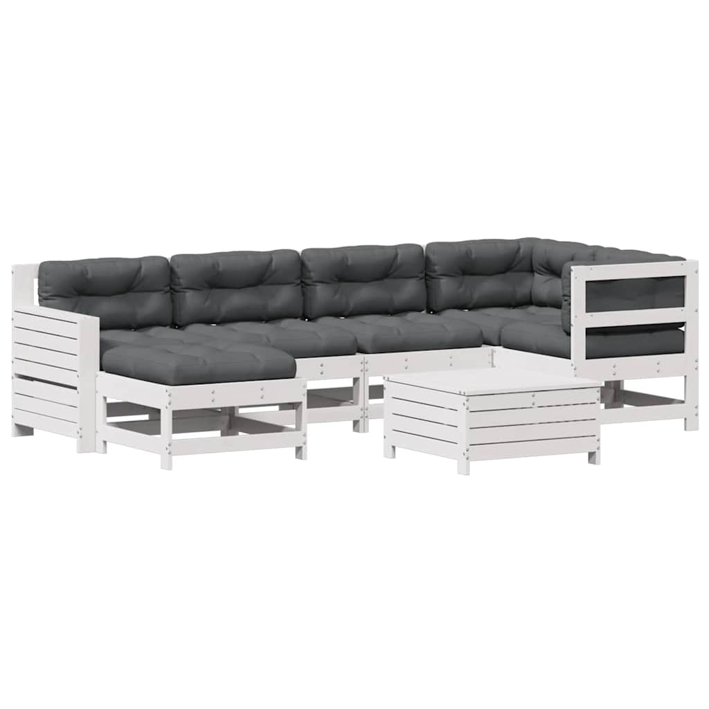Salon de jardin 7 pcs avec coussins blanc bois de pin massif