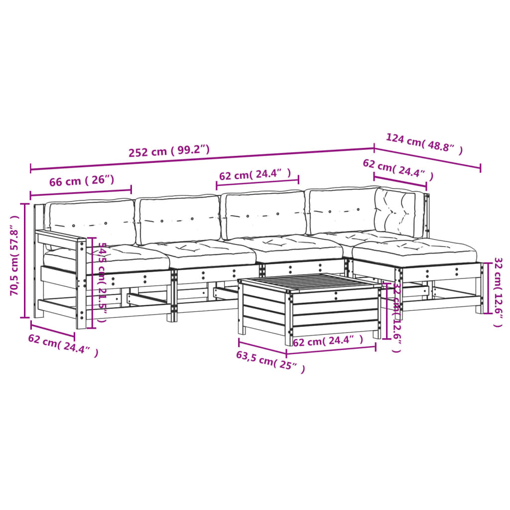 Salon de jardin avec coussins 6 pcs blanc bois de pin massif