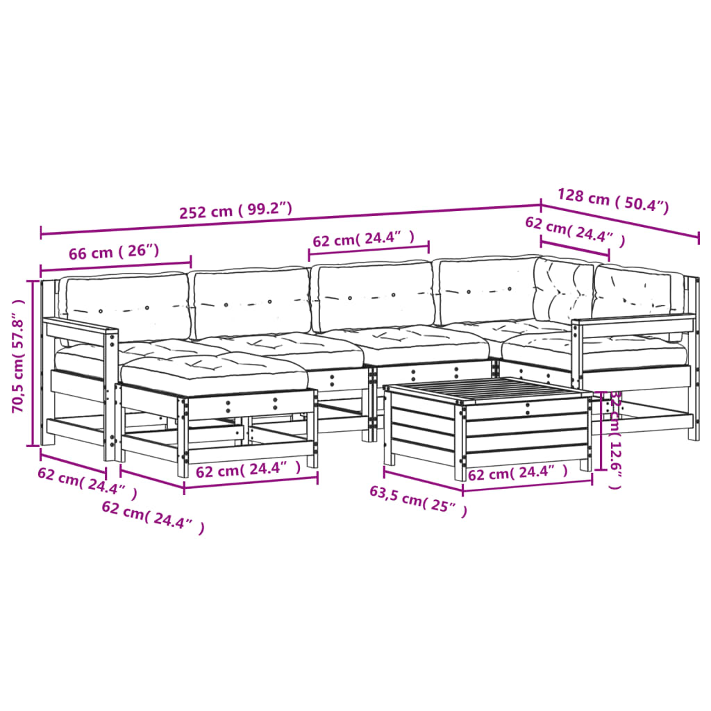 Salon de jardin 7 pcs avec coussins blanc bois de pin massif