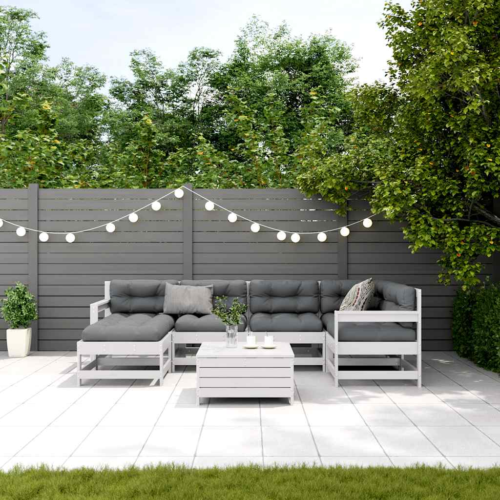 Salon de jardin 7 pcs avec coussins blanc bois de pin massif