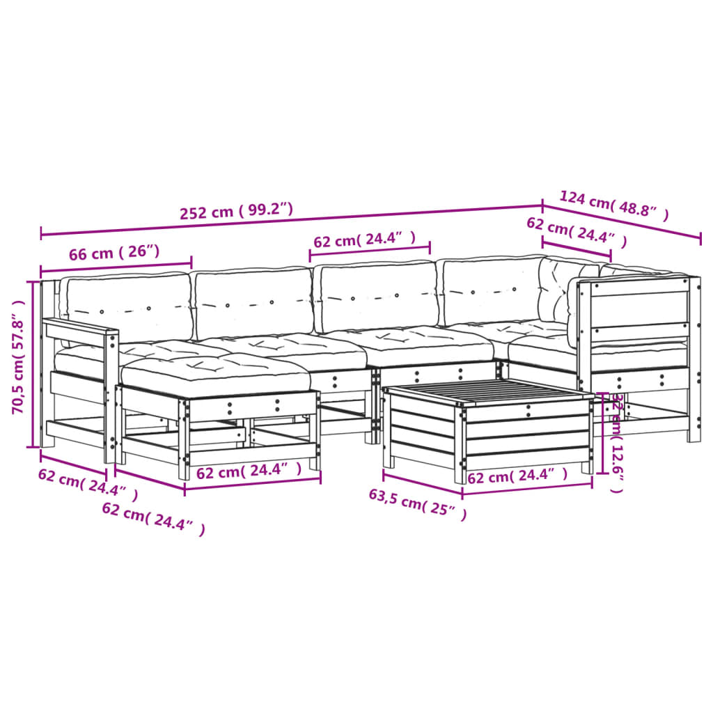 Salon de jardin 7 pcs avec coussins blanc bois de pin massif