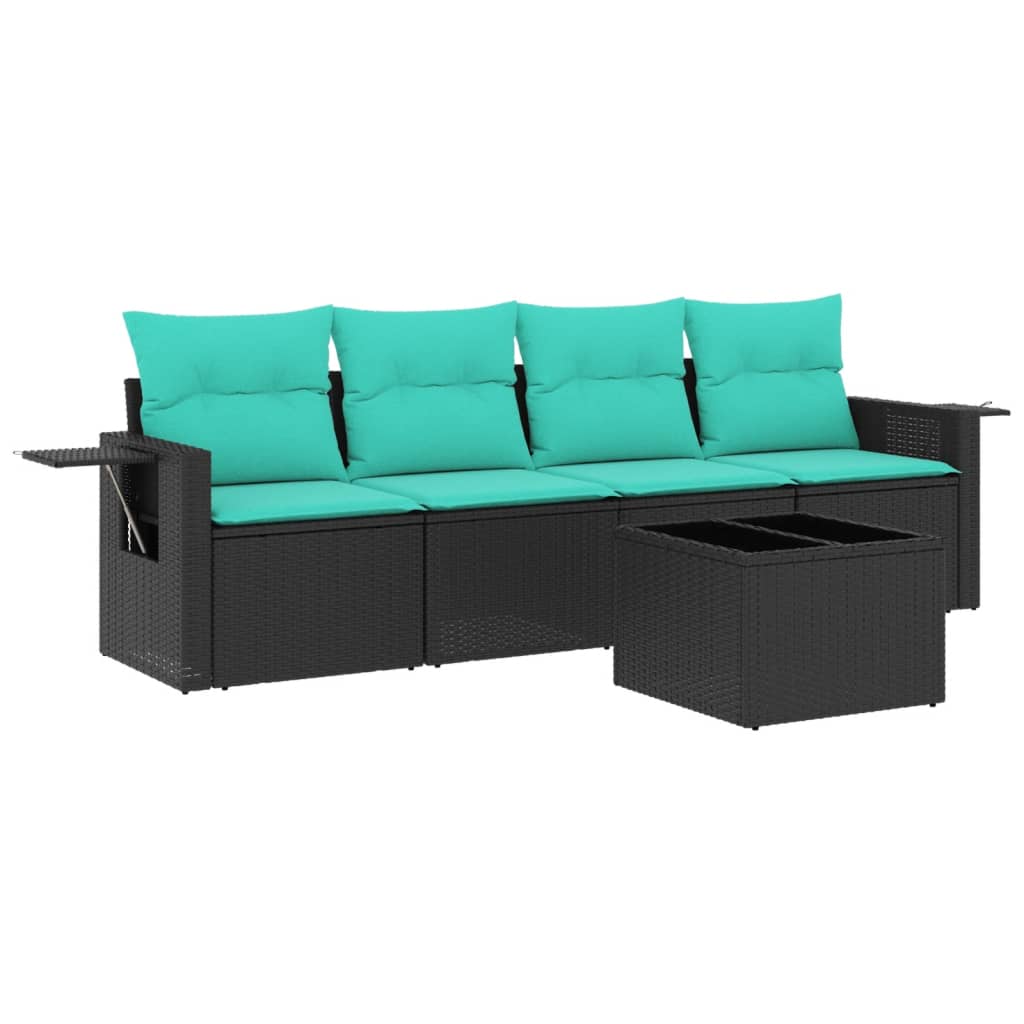 Ensemble de canapé de jardin 5 pcs avec coussins noir résine tressée