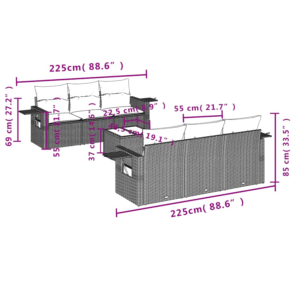 Ensemble de canapé de jardin 7 pcs avec coussins marron résine tressée
