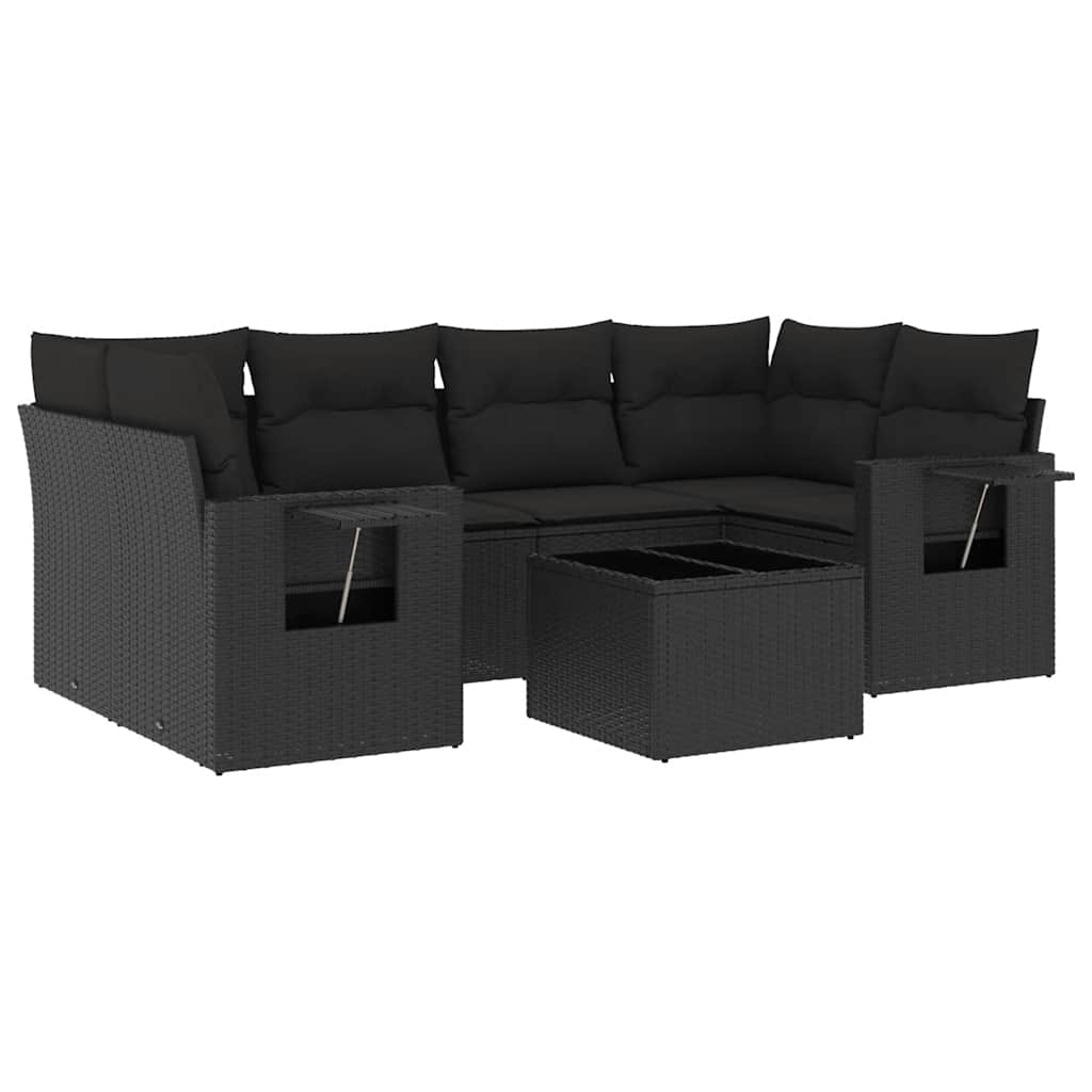 Salon de jardin 7 pcs avec coussins noir résine tressée