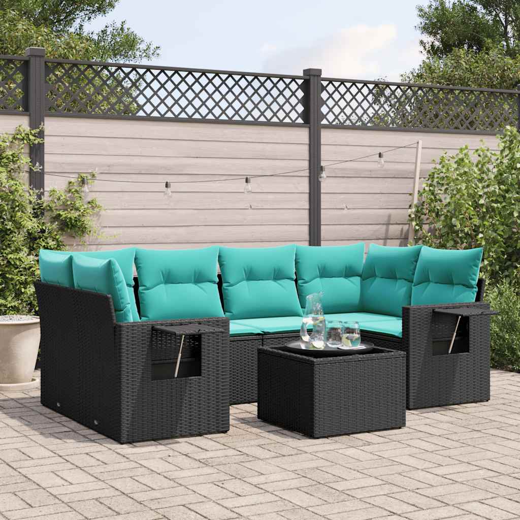 Ensemble de canapé de jardin 7 pcs avec coussins noir résine tressée