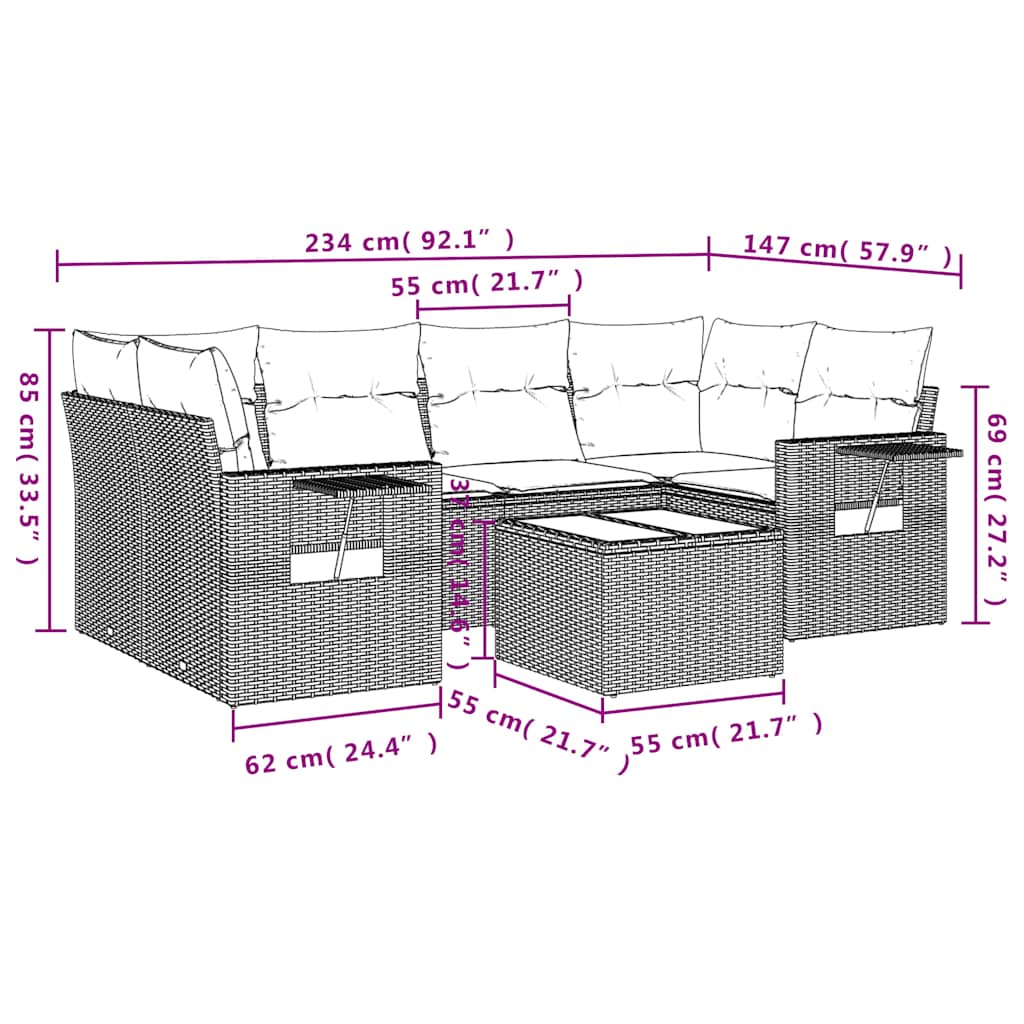 Ensemble de canapé de jardin 7 pcs avec coussins gris résine tressée