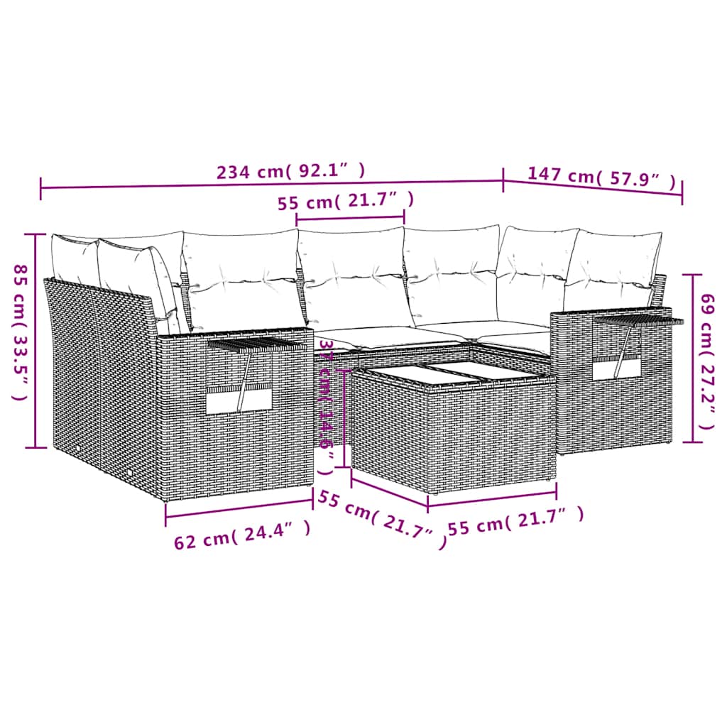 Ensemble de canapé de jardin 7 pcs avec coussins marron résine tressée