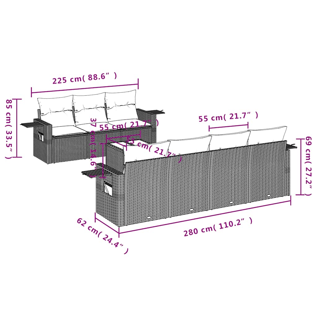 Ensemble de canapé de jardin 8 pcs avec coussins gris résine tressée