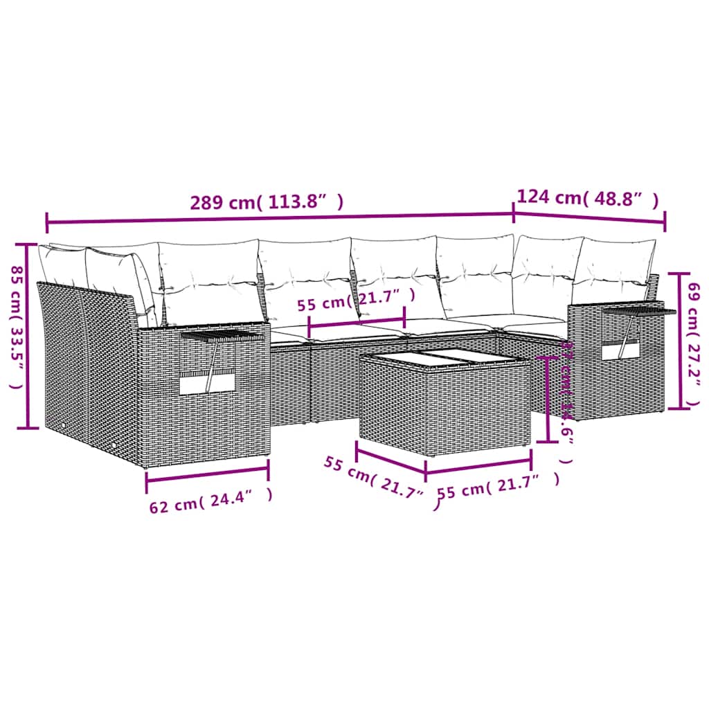 Ensemble de canapé de jardin 8 pcs avec coussins marron résine tressée