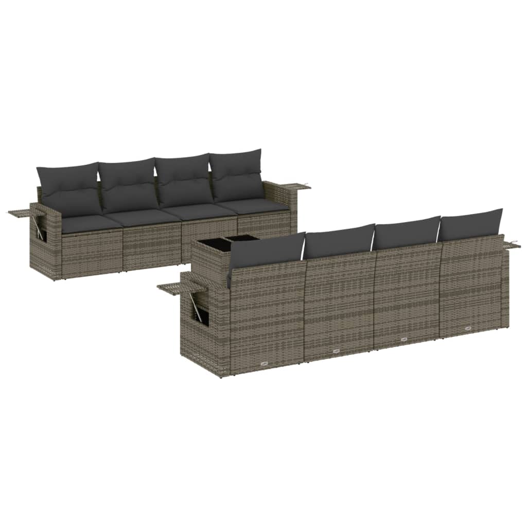 Salon de jardin 9 pcs avec coussins gris résine tressée