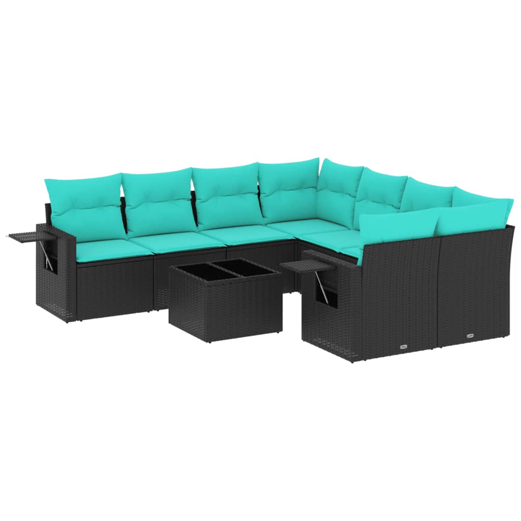 Ensemble de canapé de jardin 9 pcs avec coussins noir résine tressée