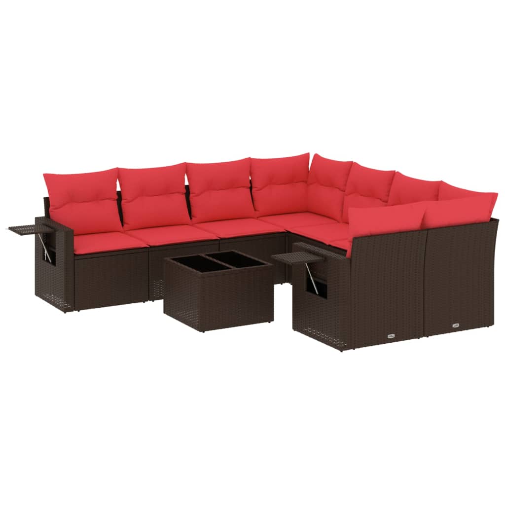 Ensemble de canapé de jardin 9 pcs avec coussins marron résine tressée