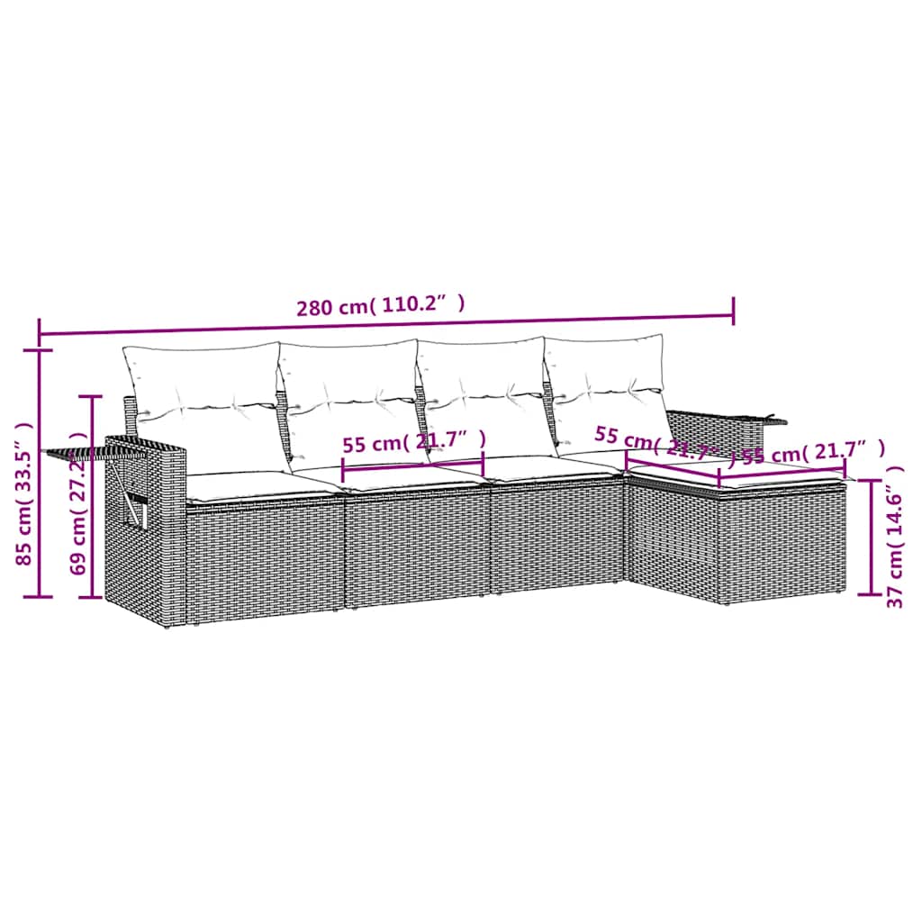 Salon de jardin avec coussins 5 pcs marron résine tressée