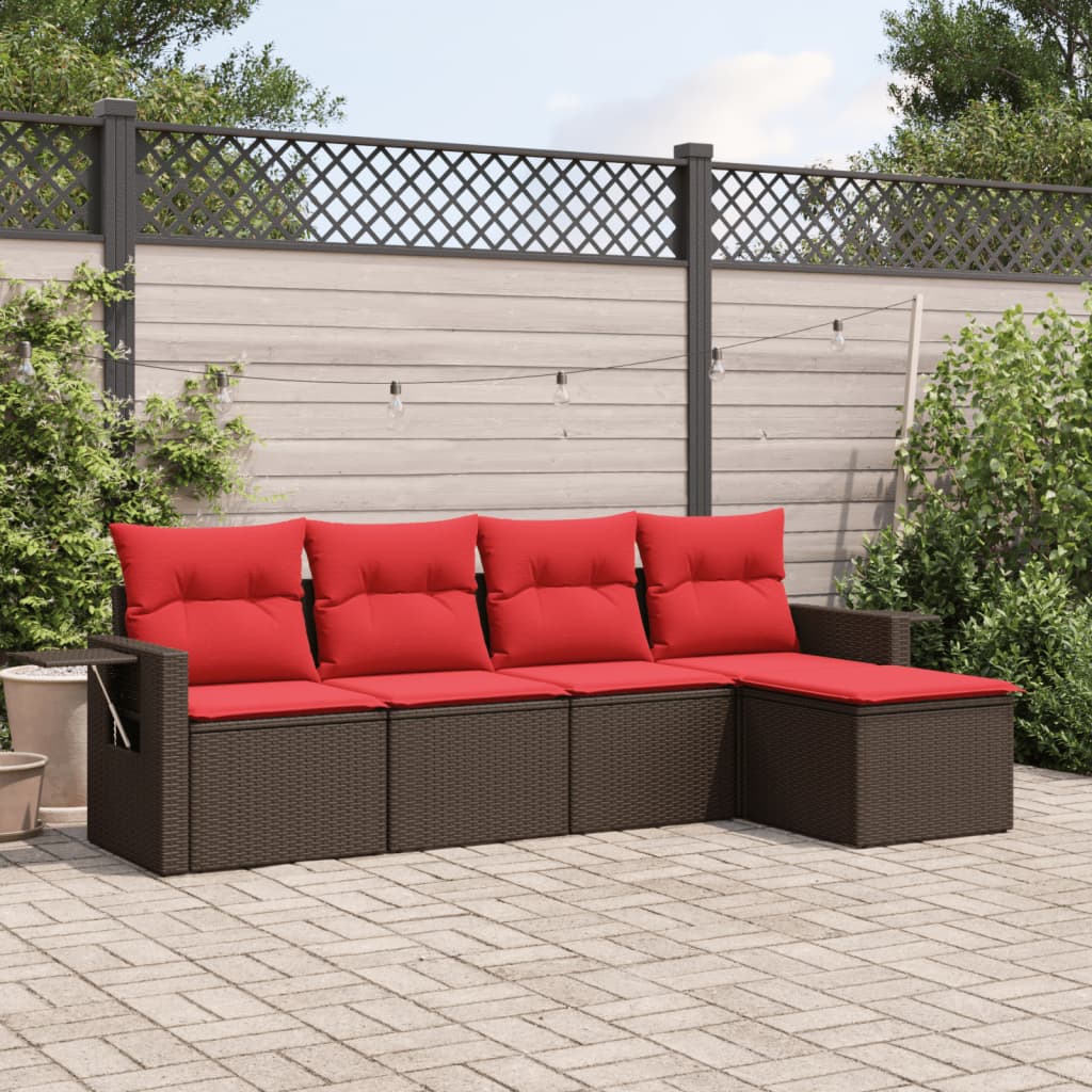 Ensemble de canapé de jardin 5 pcs avec coussins marron résine tressée