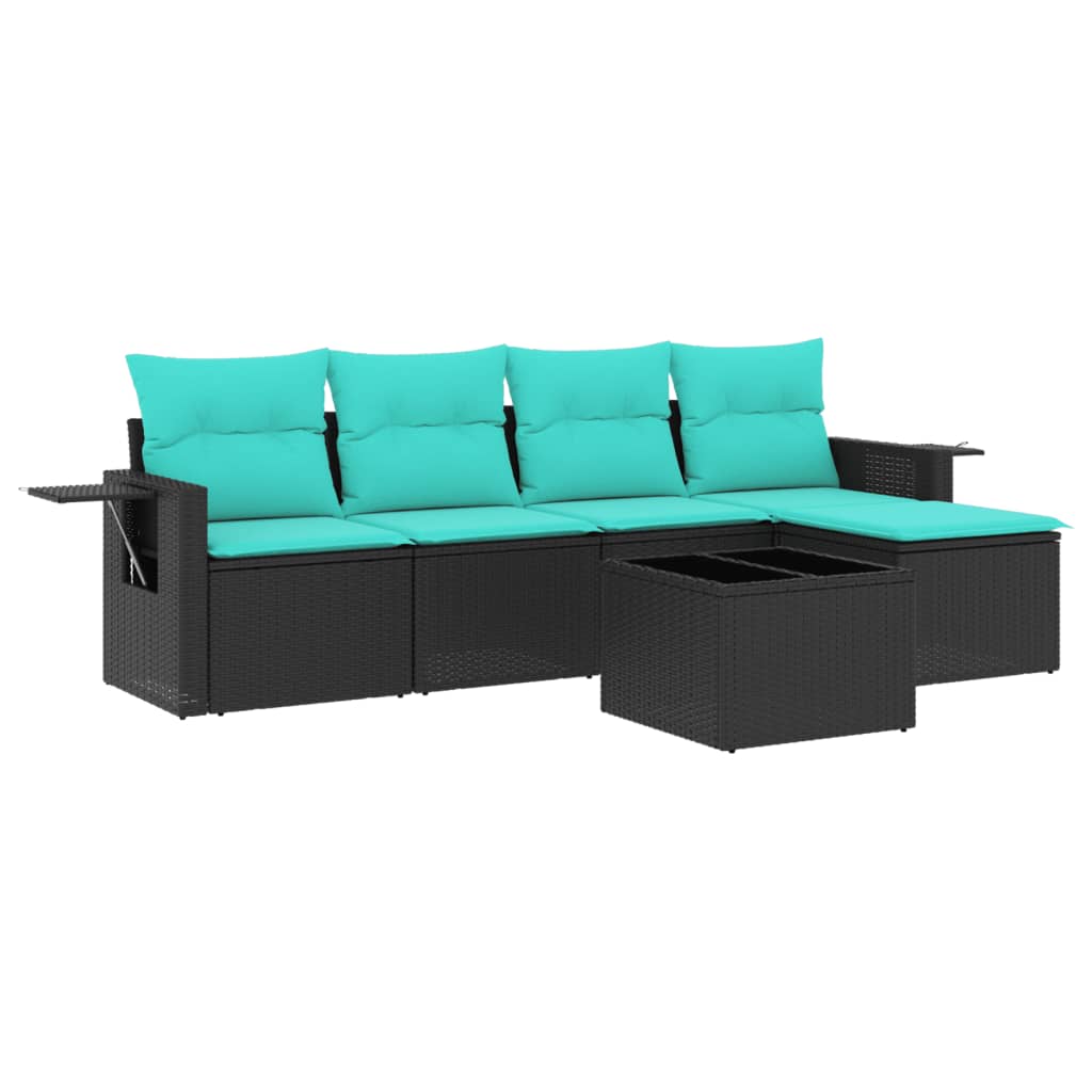Ensemble de canapé de jardin 6 pcs avec coussins noir résine tressée