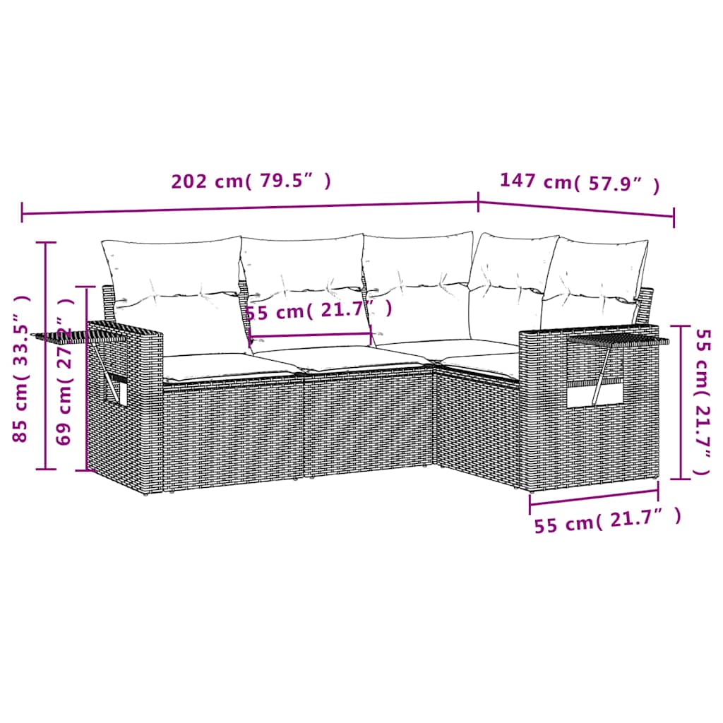 Salon de jardin 4 pcs avec coussins noir résine tressée