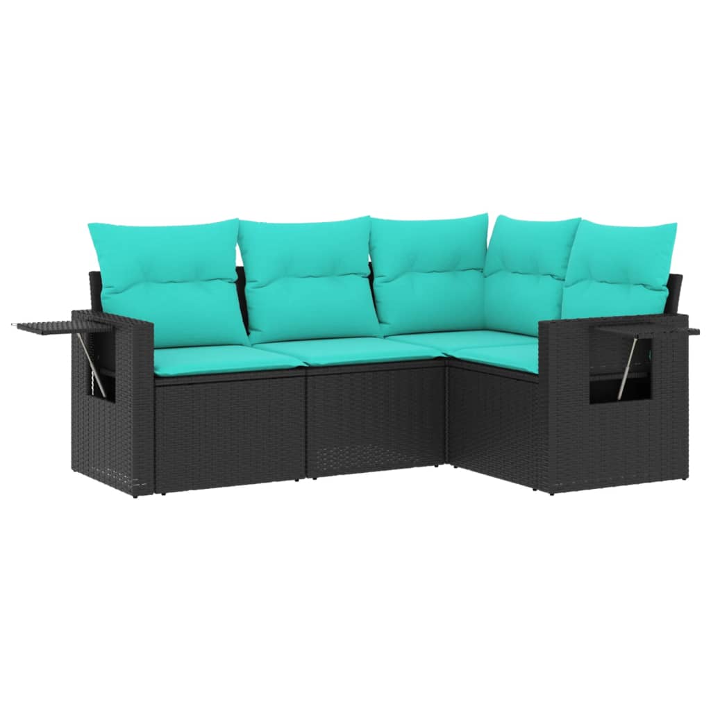 Salon de jardin 4 pcs avec coussins noir résine tressée
