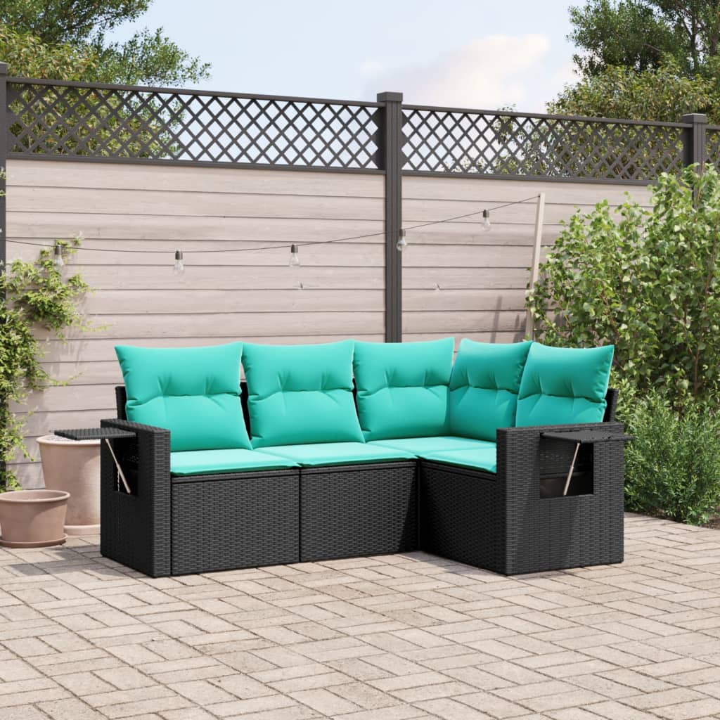 Salon de jardin 4 pcs avec coussins noir résine tressée