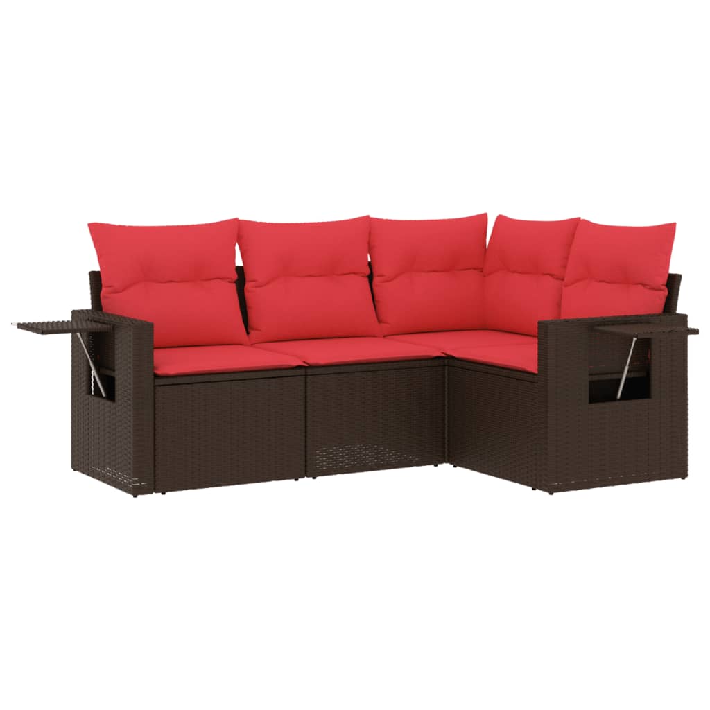 Ensemble de canapé de jardin 4 pcs avec coussins marron résine tressée