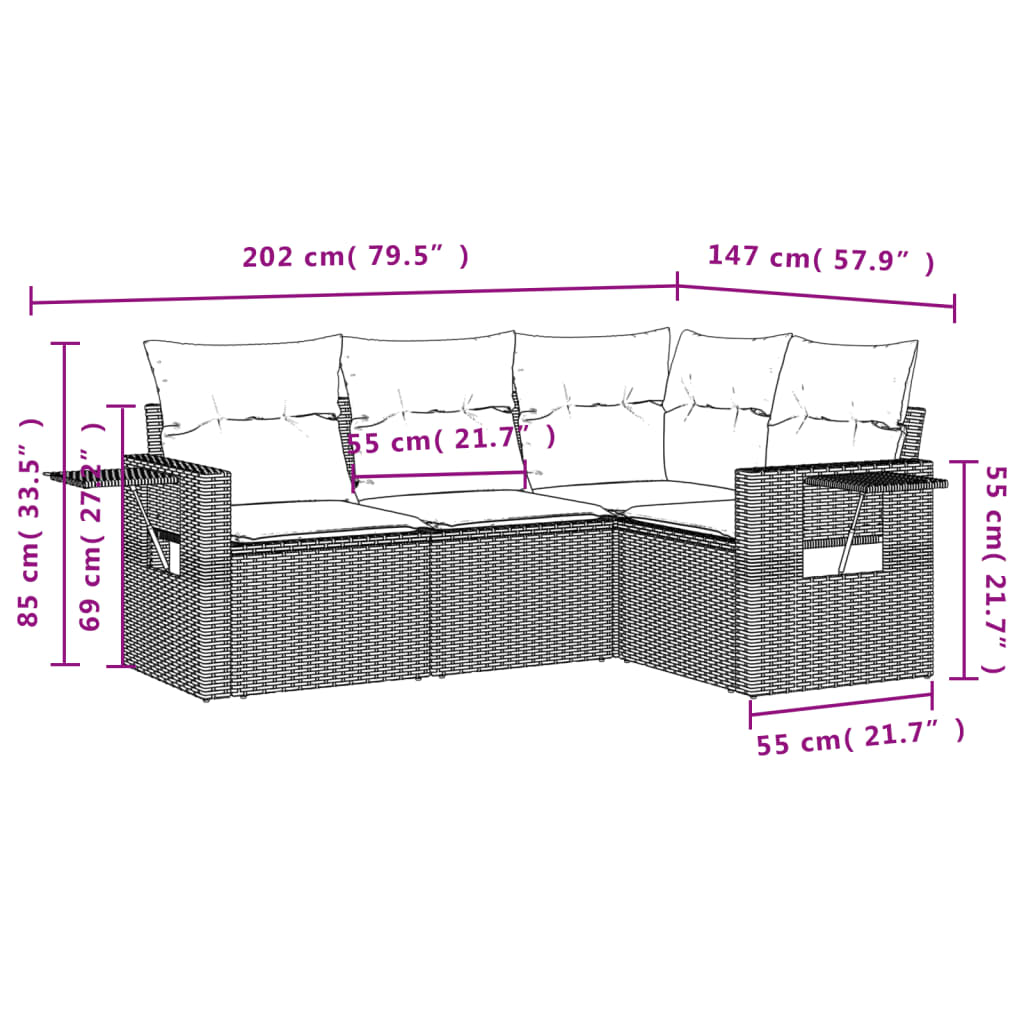 Ensemble de canapé de jardin 4 pcs avec coussins marron résine tressée