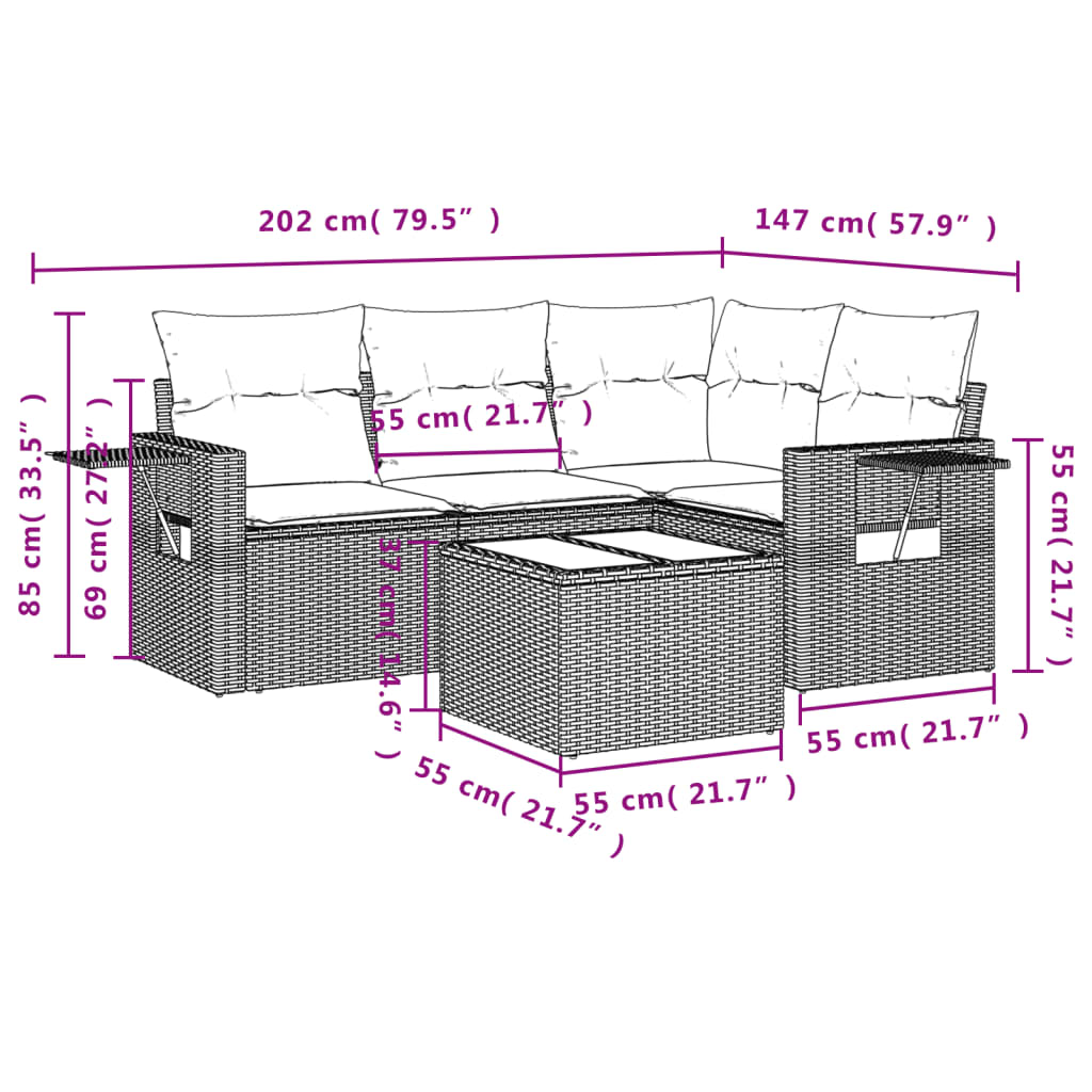 Ensemble de canapé de jardin 5 pcs avec coussins gris résine tressée