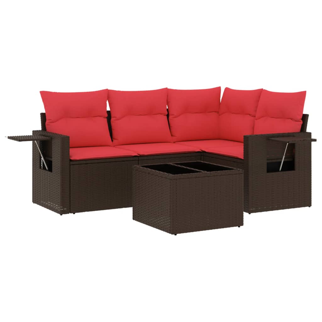 Ensemble de canapé de jardin 5 pcs avec coussins marron résine tressée