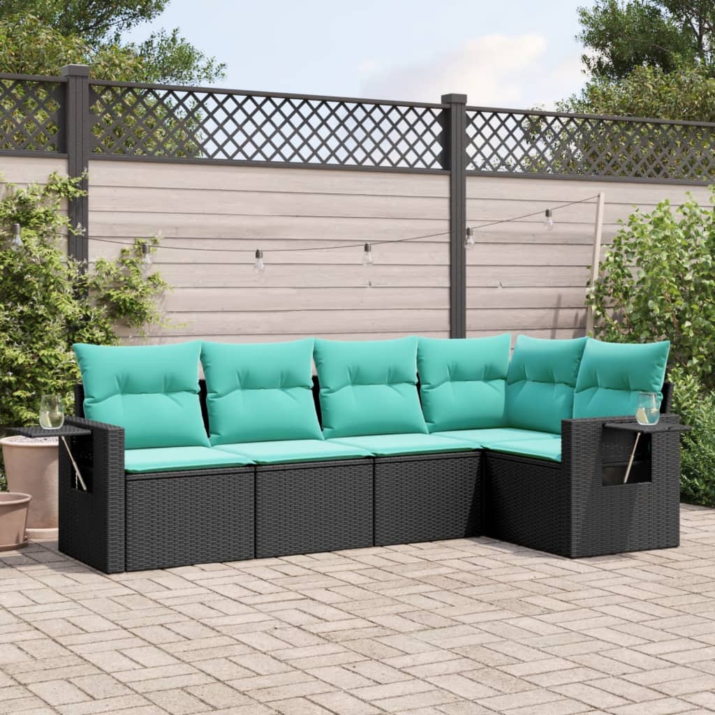 Salon de jardin 5 pcs avec coussins noir résine tressée