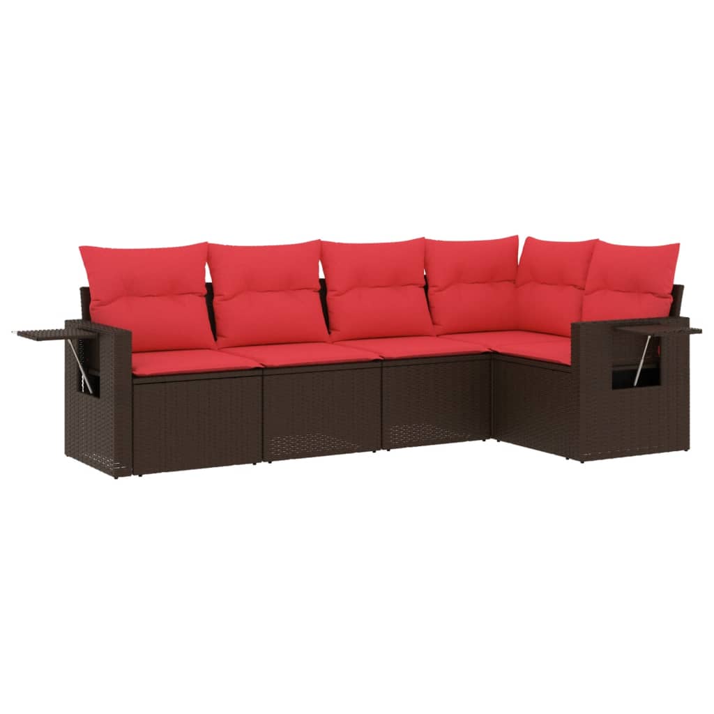 Ensemble de canapé de jardin 5 pcs avec coussins marron résine tressée