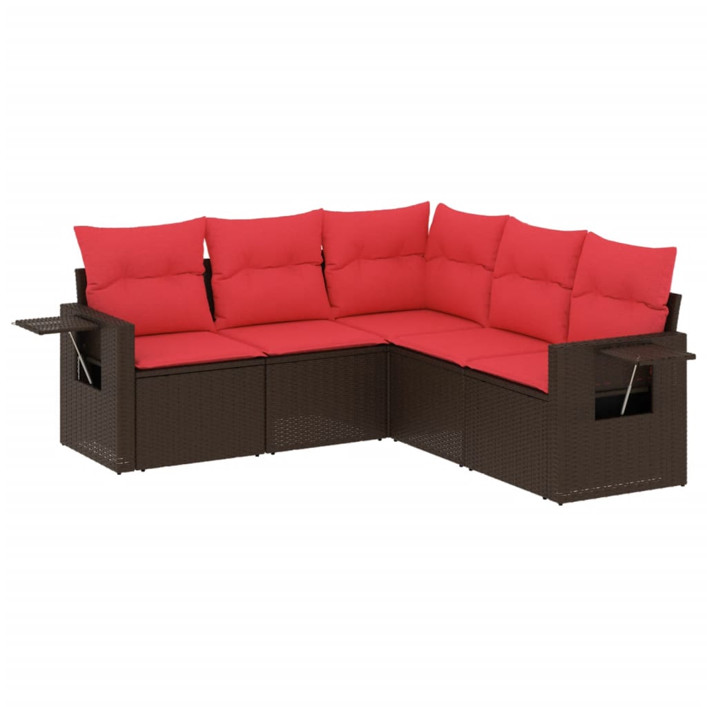 Ensemble de canapé de jardin 5 pcs avec coussins marron résine tressée