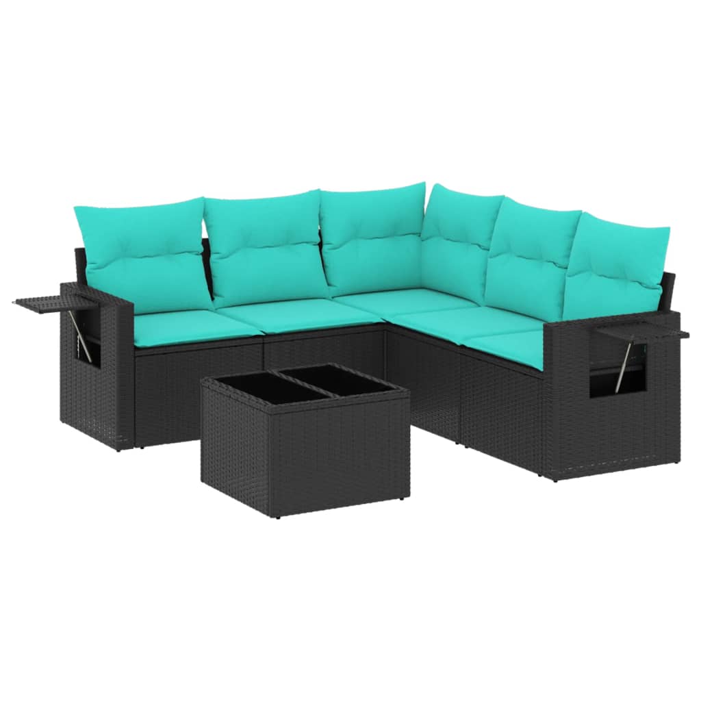 Ensemble de canapé de jardin 6 pcs avec coussins noir résine tressée