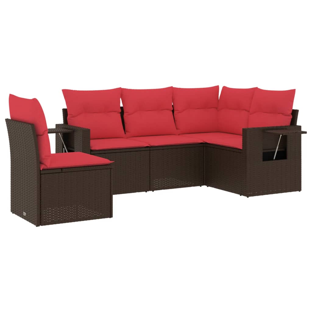 Ensemble de canapé de jardin 5 pcs avec coussins marron résine tressée