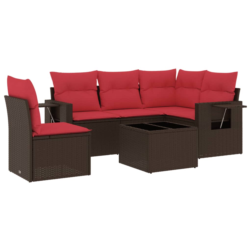 Ensemble de canapé de jardin 6 pcs avec coussins marron résine tressée