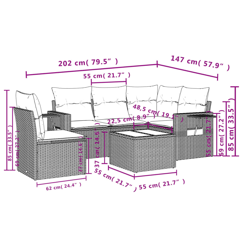 Ensemble de canapé de jardin 6 pcs avec coussins marron résine tressée