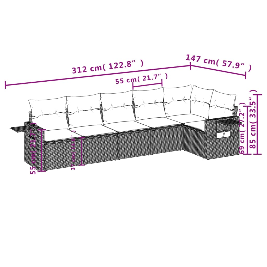 Ensemble de canapé de jardin 6 pcs avec coussins gris résine tressée