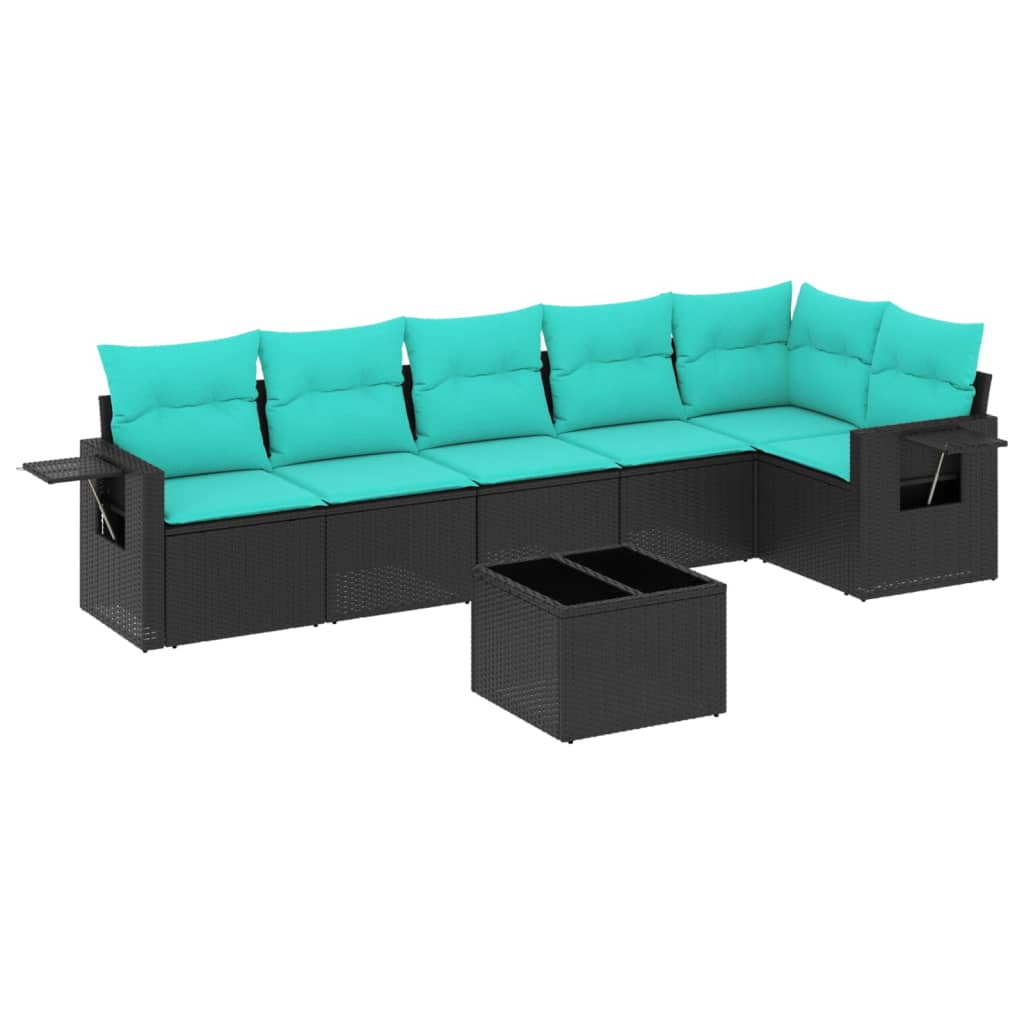 Ensemble de canapé de jardin 7 pcs avec coussins noir résine tressée