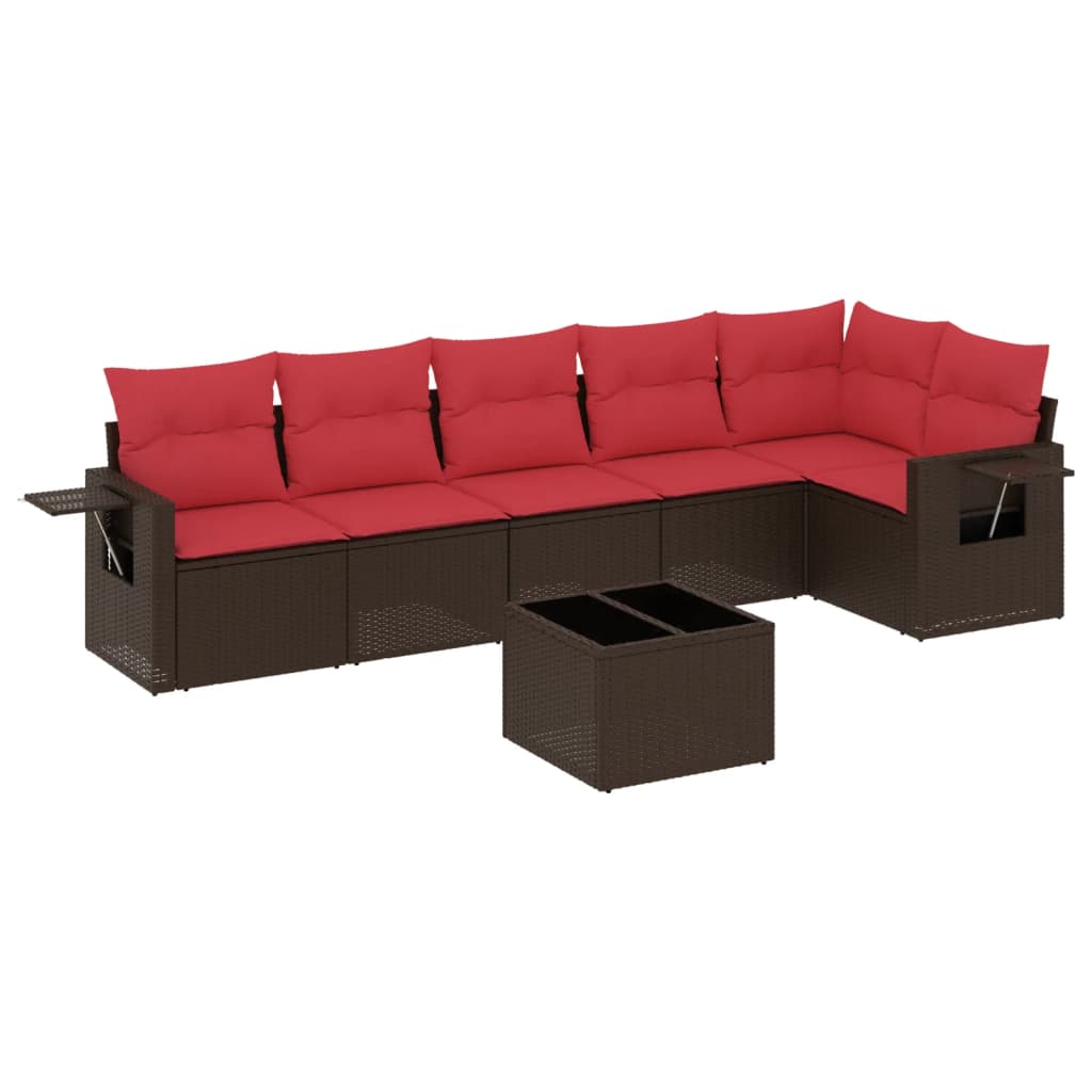 Ensemble de canapé de jardin 7 pcs avec coussins marron résine tressée