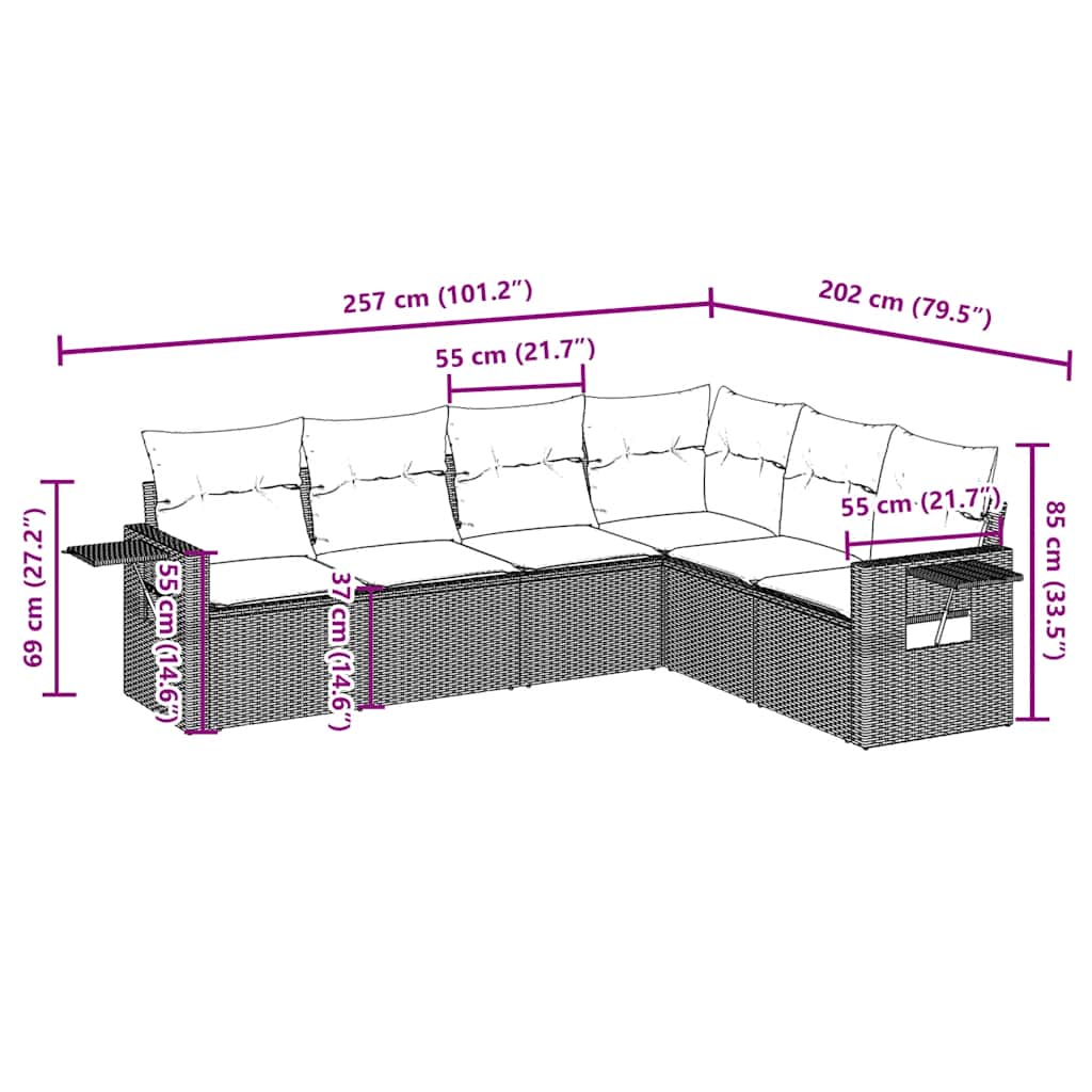 Salon de jardin avec coussins 6 pcs marron résine tressée