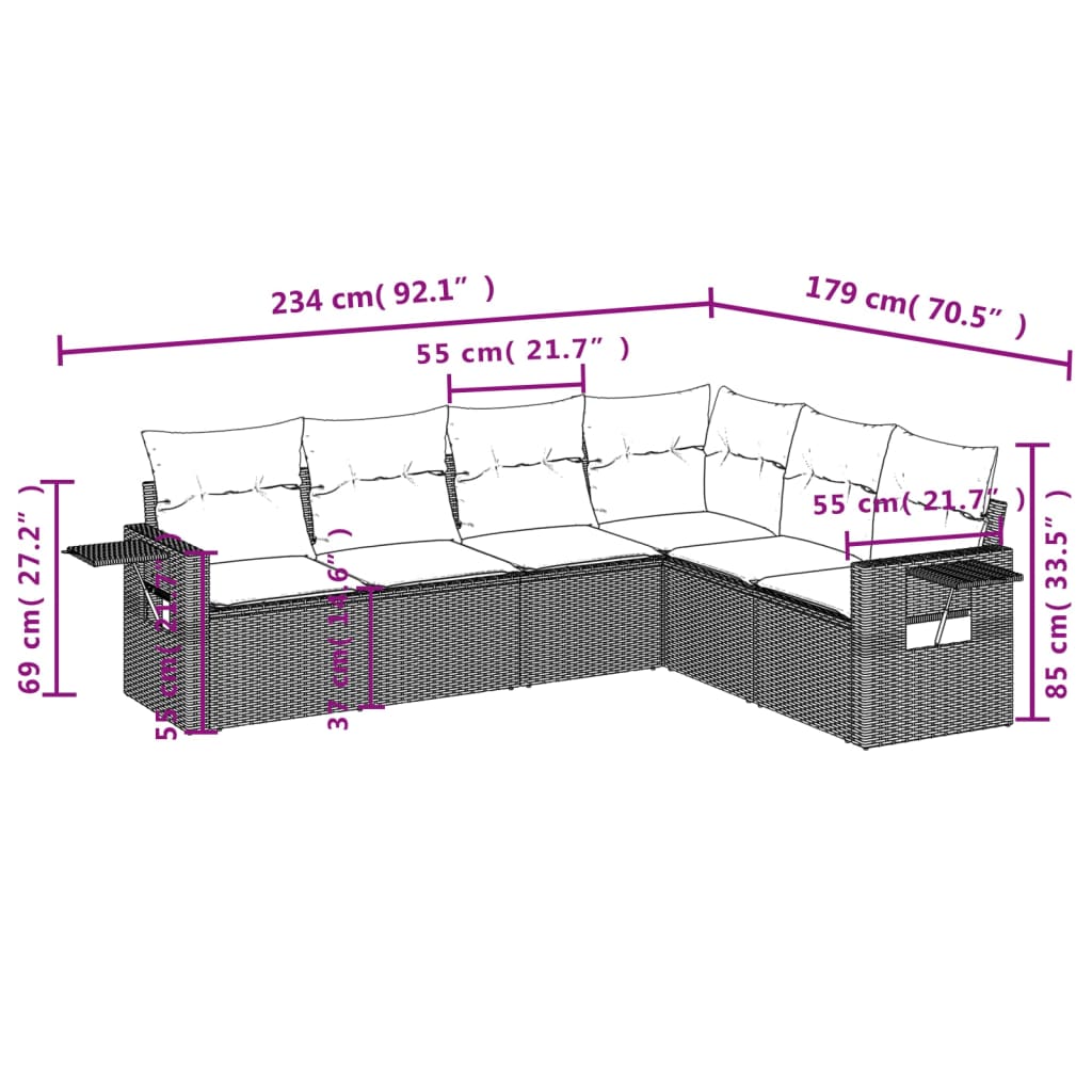 Ensemble de canapé de jardin 7 pcs avec coussins noir résine tressée
