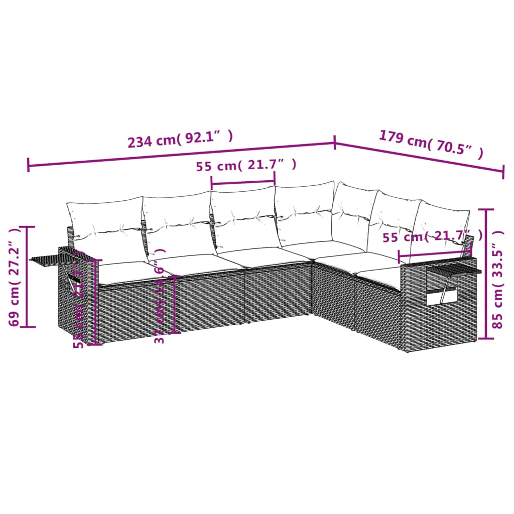 Ensemble de canapé de jardin 7 pcs avec coussins gris résine tressée