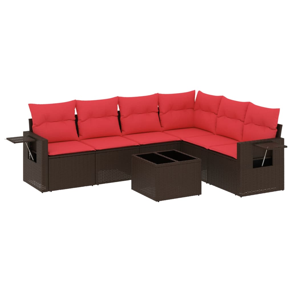 Ensemble de canapé de jardin 7 pcs avec coussins marron résine tressée