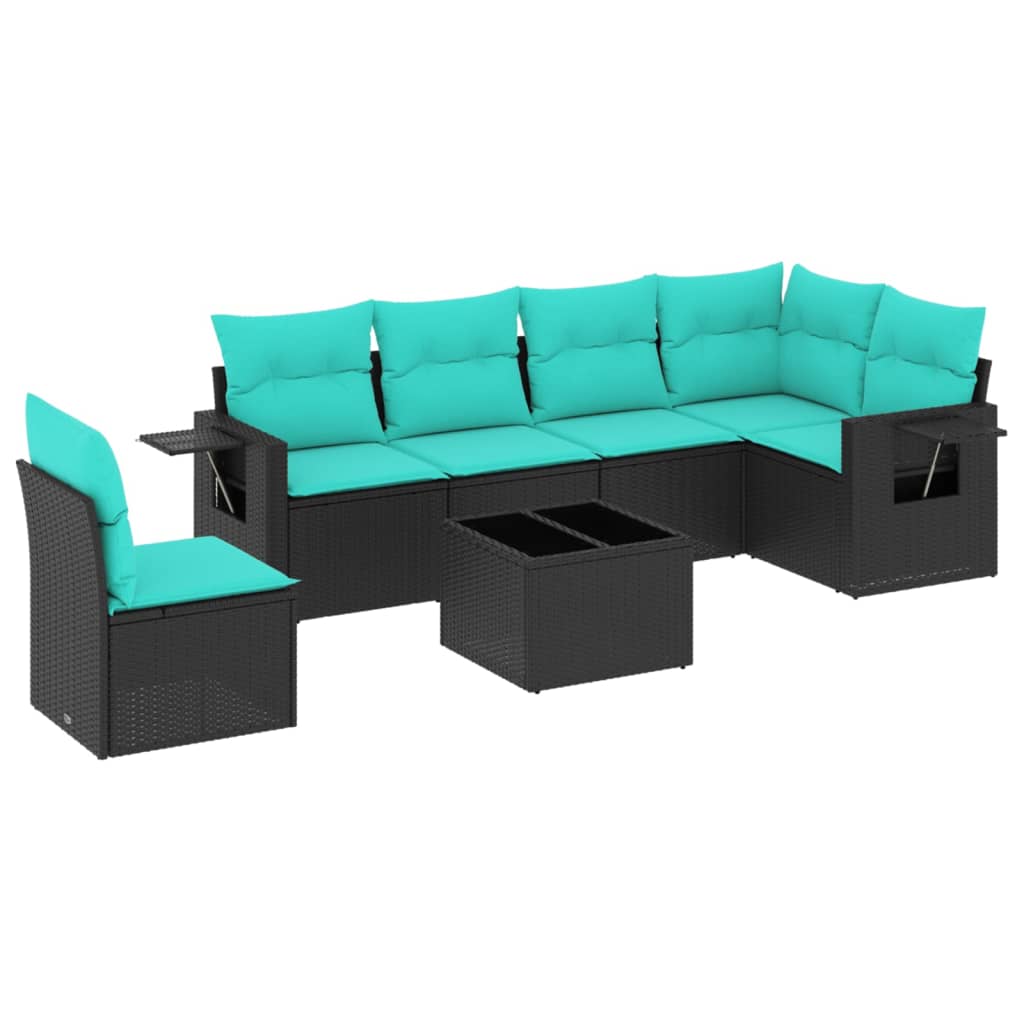 Ensemble de canapé de jardin 7 pcs avec coussins noir résine tressée