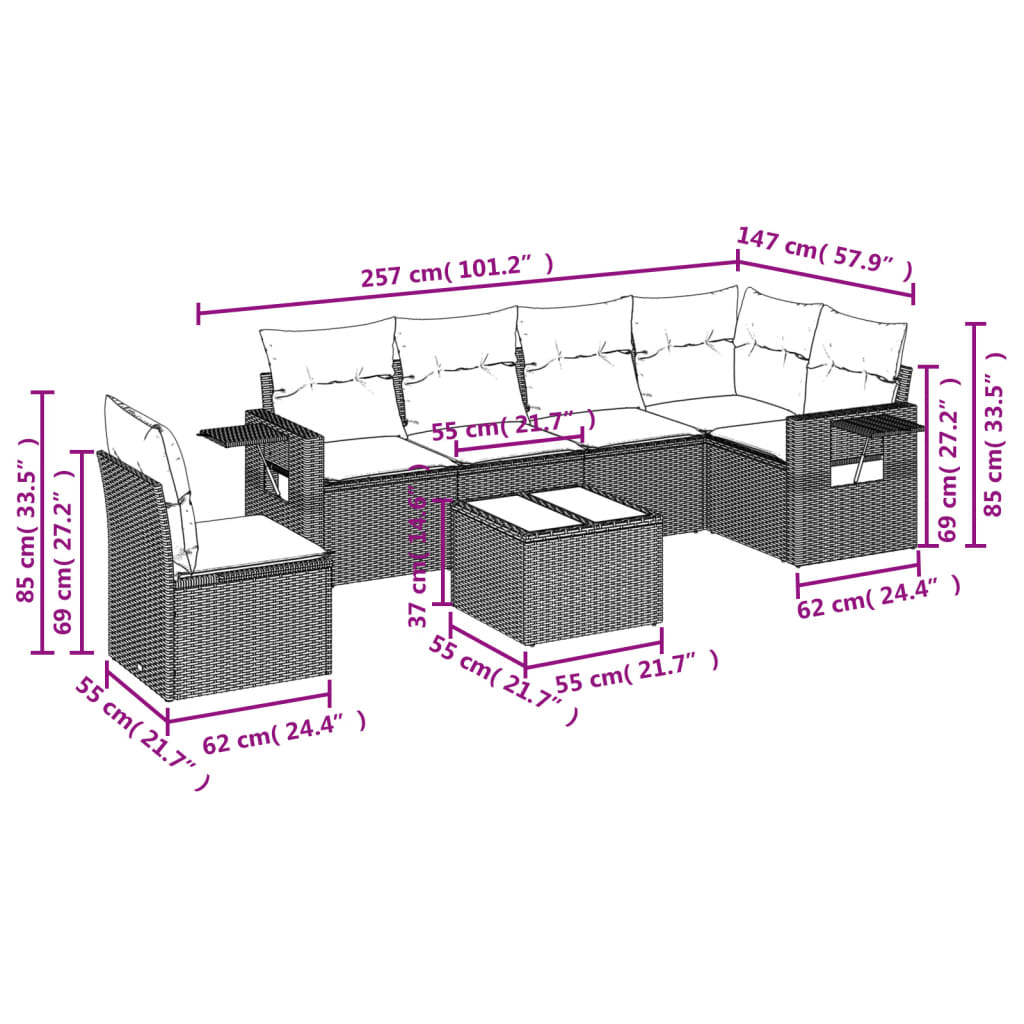 Ensemble de canapé de jardin 7 pcs avec coussins noir résine tressée