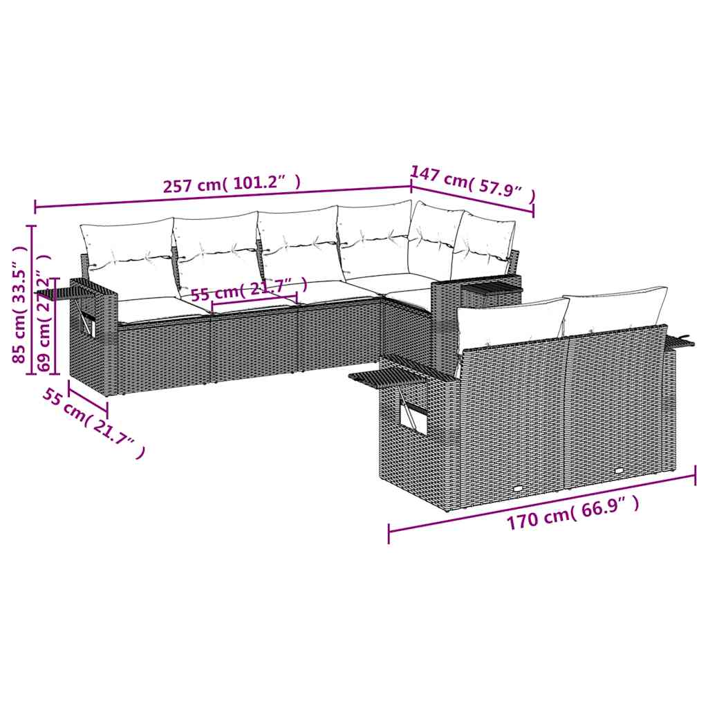 Ensemble de canapé de jardin 7 pcs avec coussins gris résine tressée