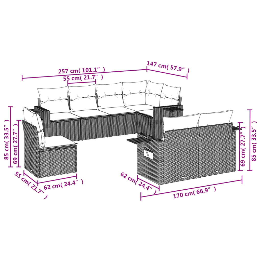 Ensemble de canapé de jardin 8 pcs avec coussins gris résine tressée