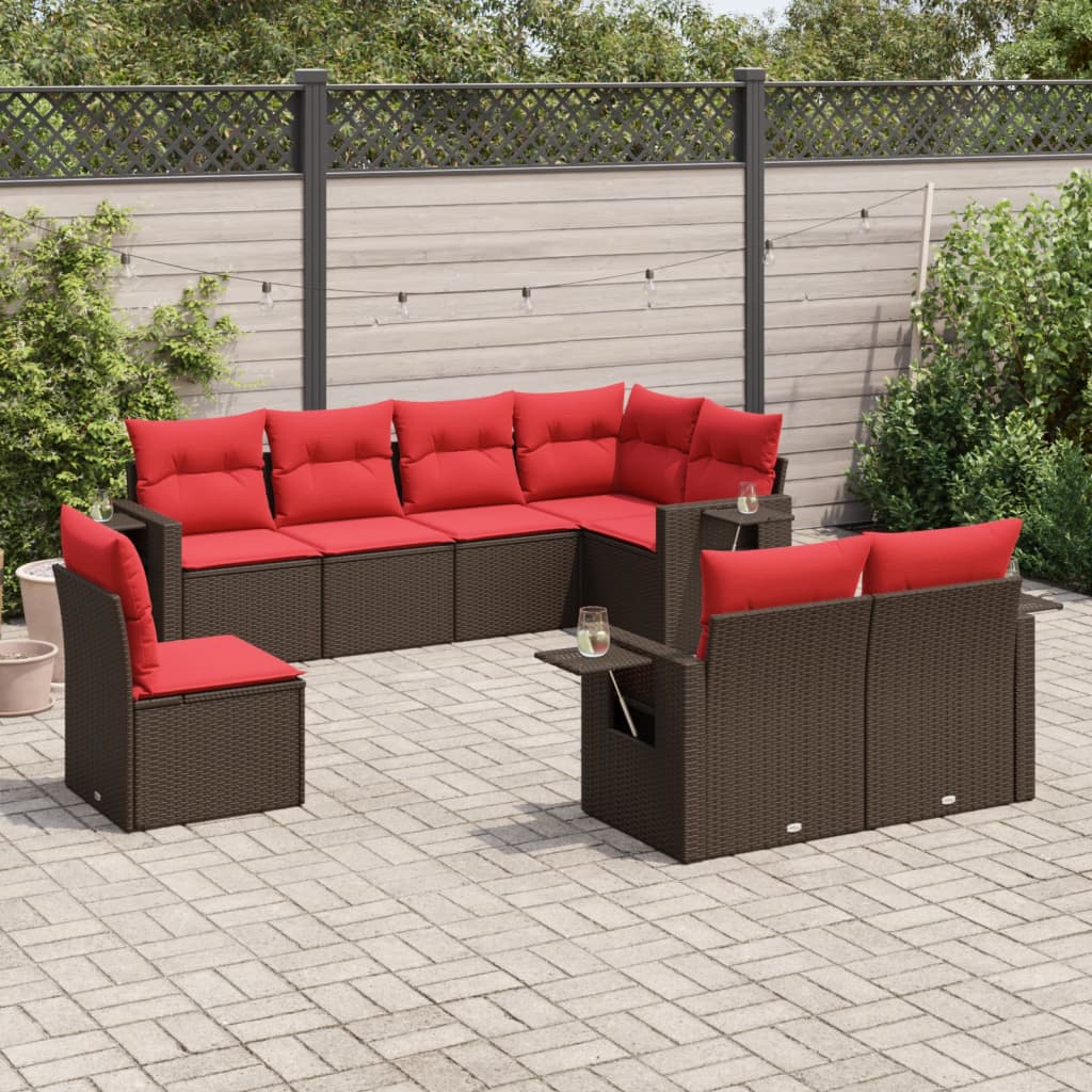 Ensemble de canapé de jardin 8 pcs avec coussins marron résine tressée
